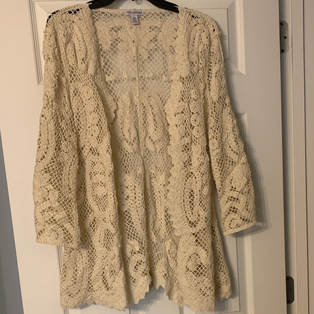 Nina Leonard Beige Lace Cardigan
